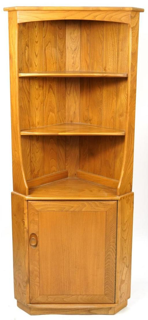 Ercol light elm 743C corner cupboard with open shelves above cupboard door, 180cm high x 75cm wide: Ercol light elm 743C corner cupboard with open shelves above cupboard door, 180cm high x 75cm wide