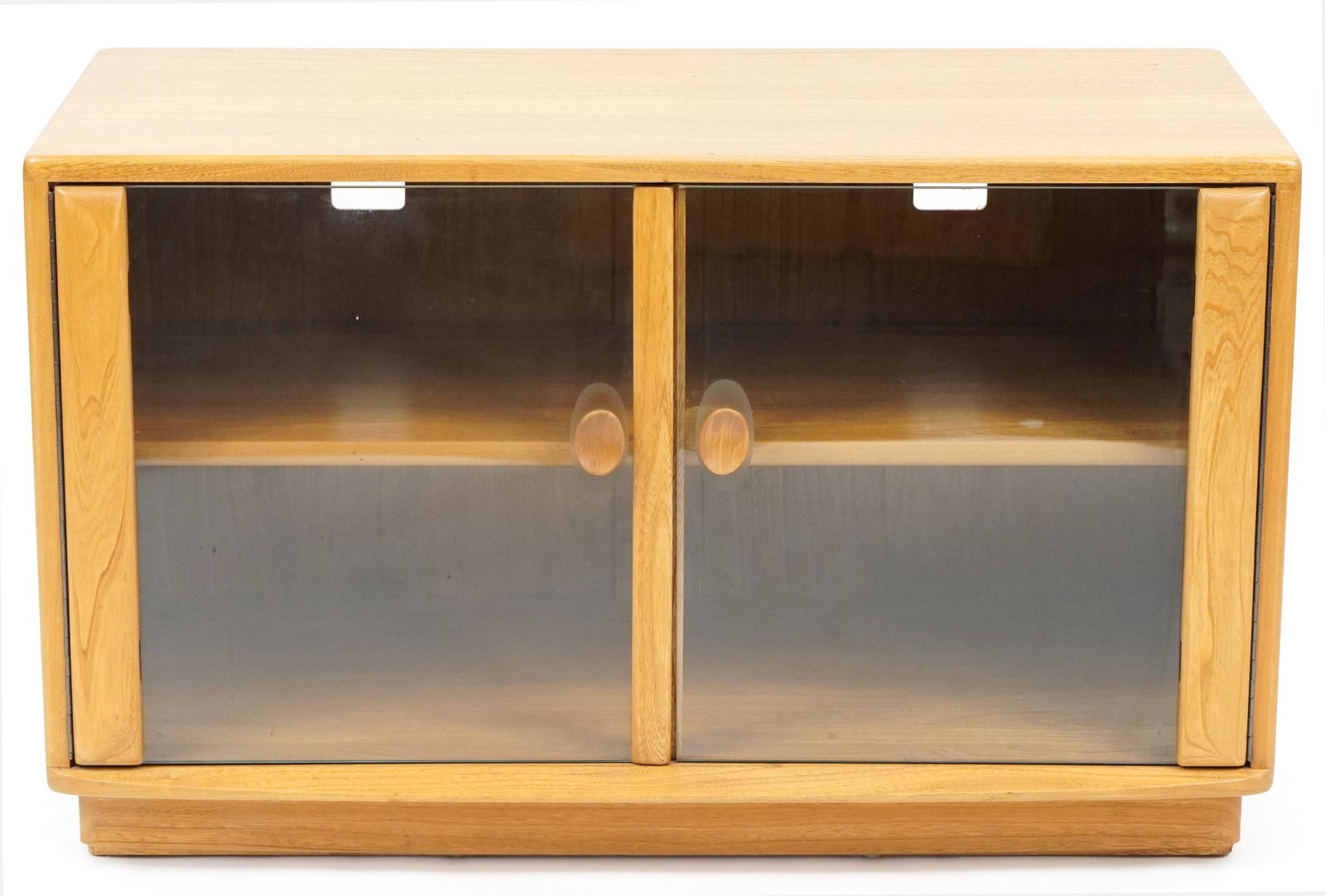 Ercol light elm multi media stand with glass doors, 55.5cm H x 91cm W x 44cm D: Ercol light elm multi media stand with glass doors, 55.5cm H x 91cm W x 44cm D