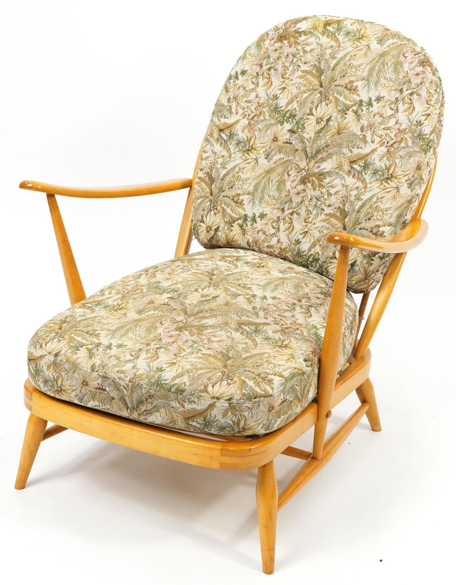 Ercol light elm armchair with lift off cushions, 77cm H x 71cm W x 95cm D: Ercol light elm armchair with lift off cushions, 77cm H x 71cm W x 95cm D