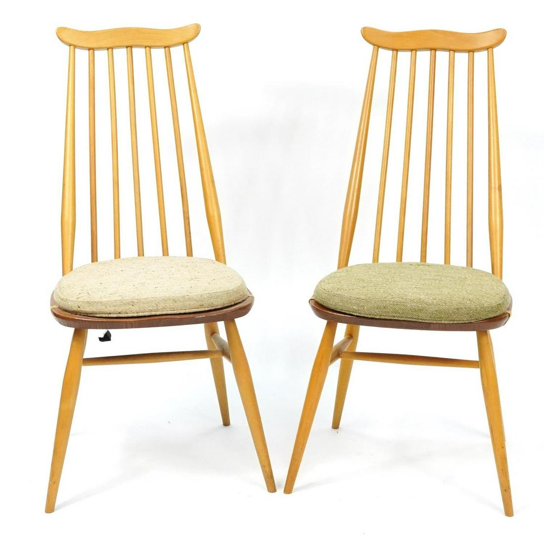 Pair of Ercol Goldsmith light elm high back dining chairs, 96cm high: Pair of Ercol Goldsmith light elm high back dining chairs, 96cm high