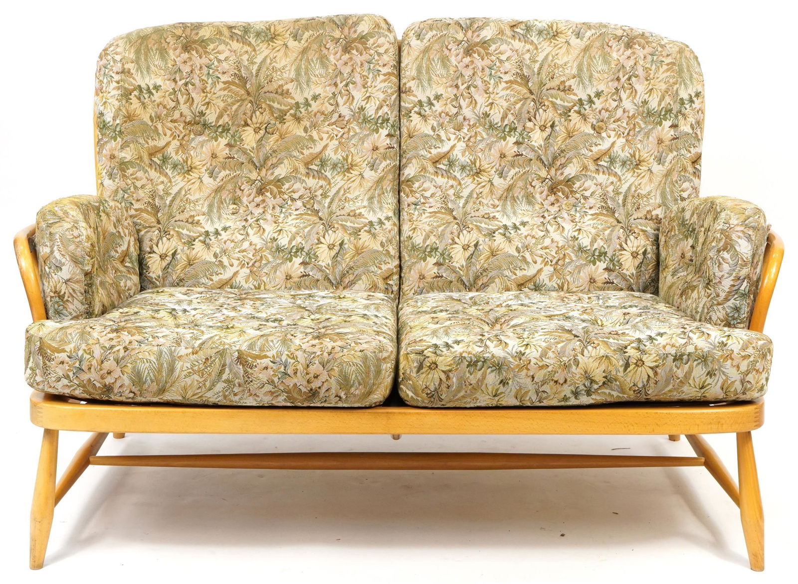 Ercol Jubilee light elm two seater settee with lift off cushions, 83cm H x 140cm W x 85cm D: Ercol Jubilee light elm two seater settee with lift off cushions, 83cm H x 140cm W x 85cm D