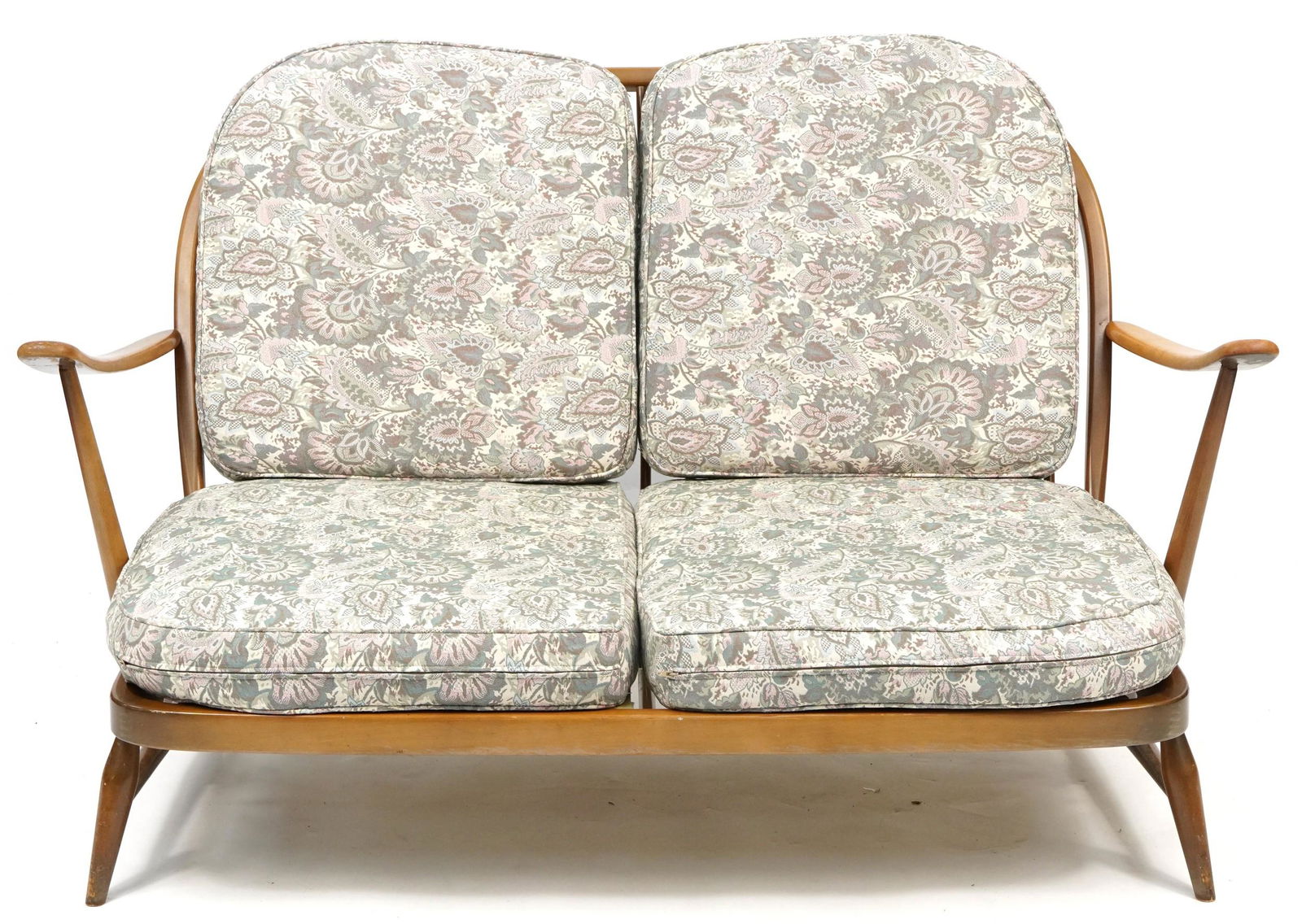Ercol Windsor elm and beech two seater settee with floral lift off cushions, 135cm Wide: Ercol Windsor elm and beech two seater settee with floral lift off cushions, 135cm Wide