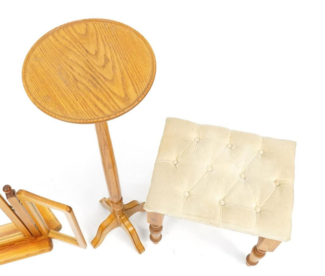 Occasional furniture comprising light oak torchere, two pine dressing table mirrors and a pine: Occasional furniture comprising light oak torchere, two pine dressing table mirrors and a pine dressing table stool, the largest 106cm high