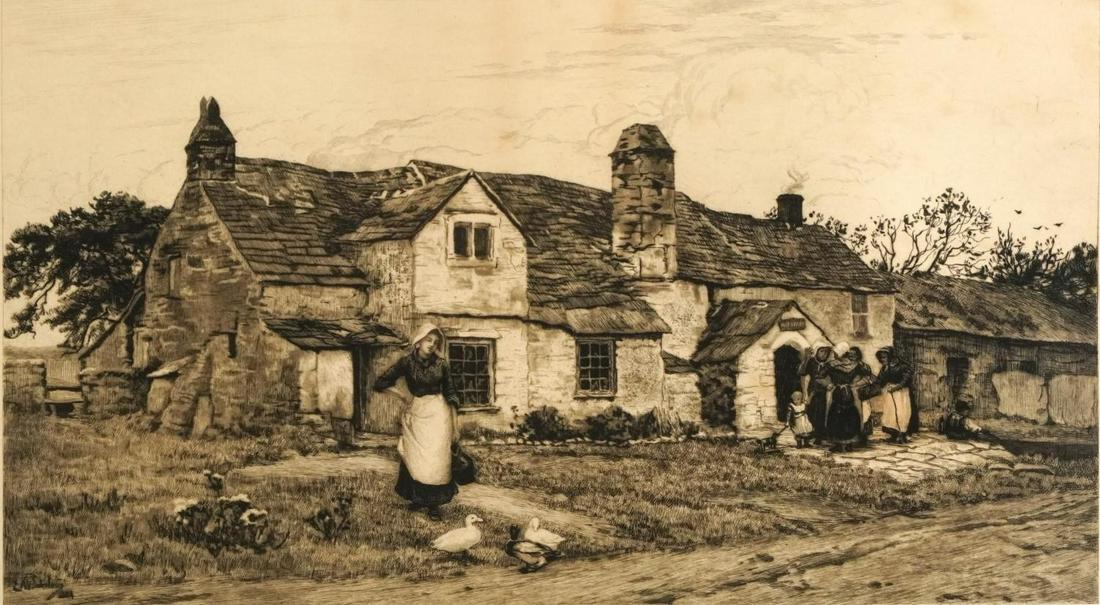 Ernest Albert Waterlow - Figures before a cottage, 19th century pencil signed print, published 1st: Ernest Albert Waterlow - Figures before a cottage, 19th century pencil signed print, published 1st January 1887 by Robert Dunthorne at The Rembrandt Head in Vigo Street, London, mounted, framed and gl