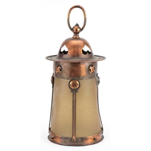 Manner of John Pearson, Arts & Crafts copper hanging lantern with pierced love heart motifs, 36cm: Manner of John Pearson, Arts & Crafts copper hanging lantern with pierced love heart motifs, 36cm high excluding the fitting