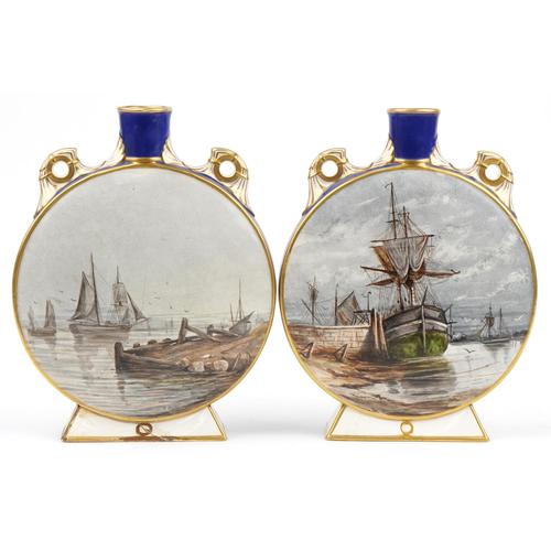 Large pair of Victorian pottery moon flasks with twin handles hand painted with frigates, signed A: Large pair of Victorian pottery moon flasks with twin handles hand painted with frigates, signed A Freeman Cell, one with Howell & James Art Pottery Exhibition paper label to the base, 35.5cm high