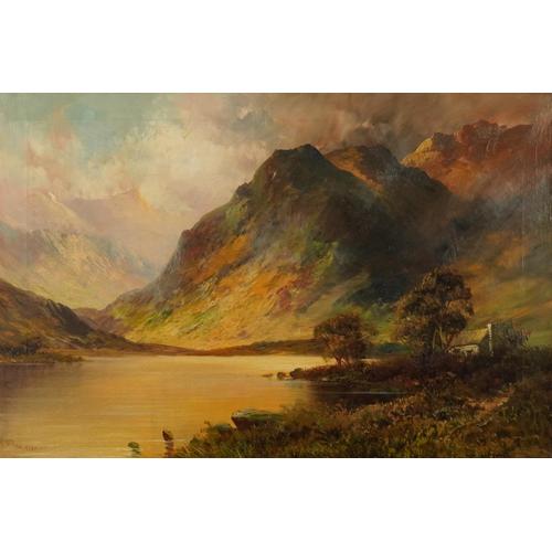 Francis E Jamieson - Mountainous Highland landscape with cottage, 19th century Scottish oil on: Francis E Jamieson - Mountainous Highland landscape with cottage, 19th century Scottish oil on canvas, mounted and framed, 75cm x 50cm excluding the mount and frame