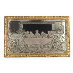 After Philippe de Champaigne, 19th century French silver plated engraved easel plaque with gilt: After Philippe de Champaigne, 19th century French silver plated engraved easel plaque with gilt border of The Last Supper titled La Cene, 18cm wide