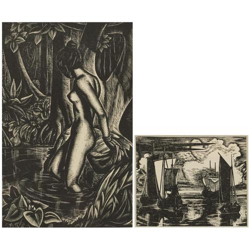 John Buckland Wright - Love Night and Four Boats, two wood engravings, each with various: John Buckland Wright - Love Night and Four Boats, two wood engravings, each with various inscriptions verso including Golden Cockerel Press 1936 and The London Mercury 1937, each mounted, framed and g
