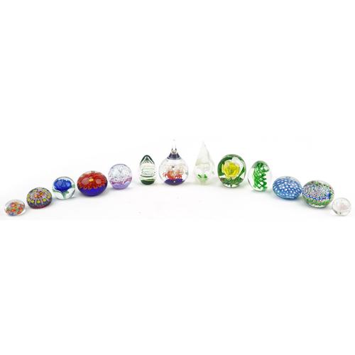 Thirteen Glass Paperweights Including Millefiori Examples, The Largest