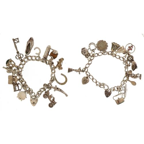 Two silver charm bracelets with a selection of mostly silver charms including enamel Tudor rose,: Two silver charm bracelets with a selection of mostly silver charms including enamel Tudor rose, Turkish slipper, malachite set kettle and ruby set apple, total 78.4g