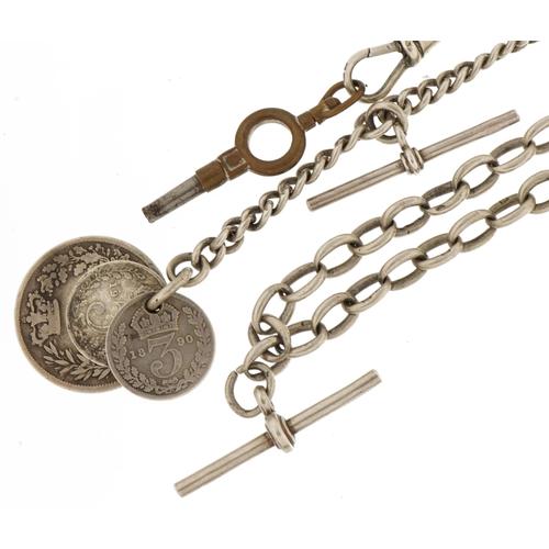 Two silver watch chains with T bars, one with Queen Victoria one shilling, George V 1916 threepence: Two silver watch chains with T bars, one with Queen Victoria one shilling, George V 1916 threepence and Queen Victoria 1890 threepence, total 55.1g