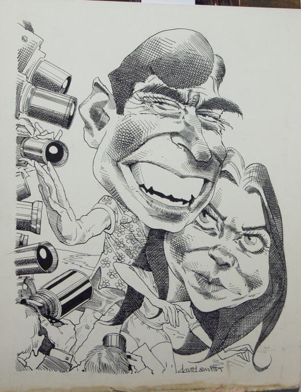Original ink political Royalty caricature depictin: Original ink political Royalty caricature depicting Prince Andrew and Koo Stark harassed by the paparazzi by David Smith, Daily Mail cartoonist, 39cm x 32cm