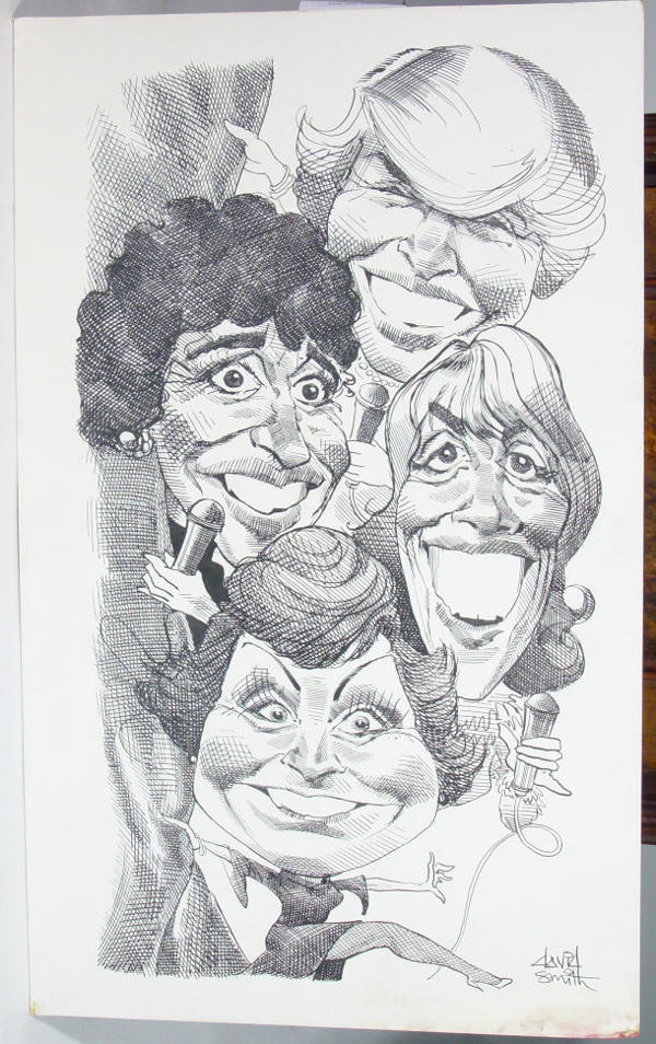 Original ink political caricature of four famous c: Original ink political caricature of four famous celebrities featuring Angela Rippon by David Smith, Daily Mail cartoonist, 54cm x 33cm