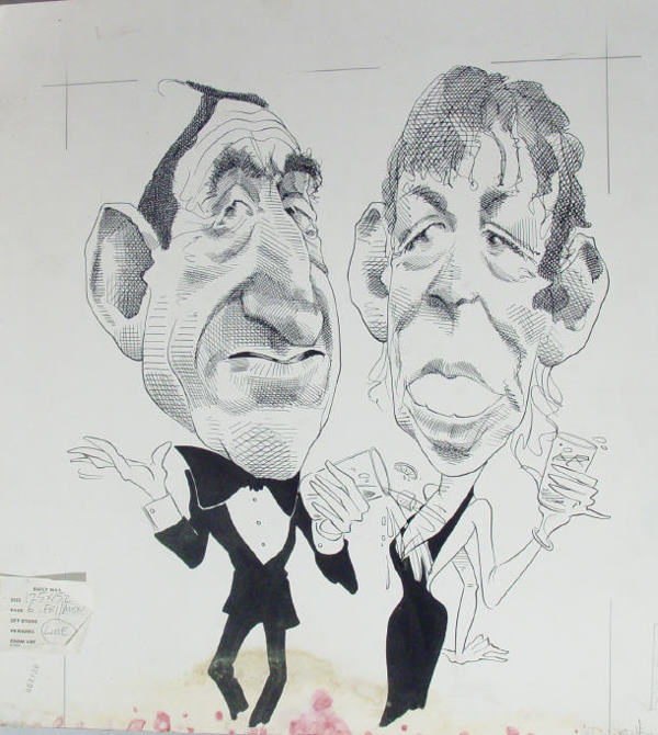 Original ink political advertising cartoon depicti: Original ink political advertising cartoon depicting Leonard Rossiter and Frances de la Tour of Rising Damp fame, by David Smith, Daily Mail cartoonist, 52cm x 48cm
