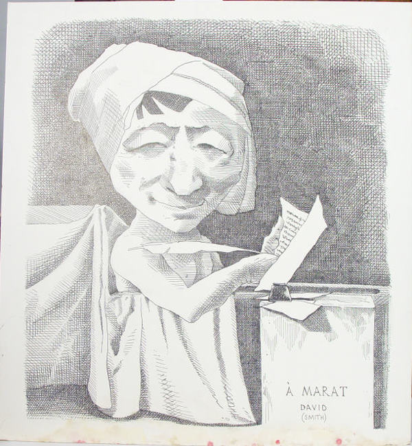 Two original ink political cartoons - one entitled: Two original ink political cartoons - one entitled 'A. Marot', the other a Superhero group by David Smith, Daily Mail cartoonist, largest 41cm x 43cm