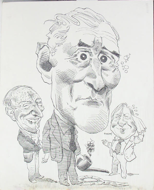 Original ink political cartoon depicting Tony Benn: Original ink political cartoon depicting Tony Benn, Neil Kinnock and Roy Hattersley by David Smith, Daily Mail cartoonist, 36cm x 56cm