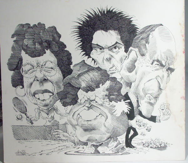 Original ink political cartoon depicting four famo: Original ink political cartoon depicting four famous celebrities by David Smith, Daily Mail cartoonist, 47cm x 55cm
