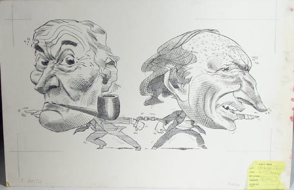 Original ink political cartoon depicting David Owe: Original ink political cartoon depicting David Owen and David Steel, LibDem politician, by David Smith, Daily Mail cartoonist, 43cm x 62cm