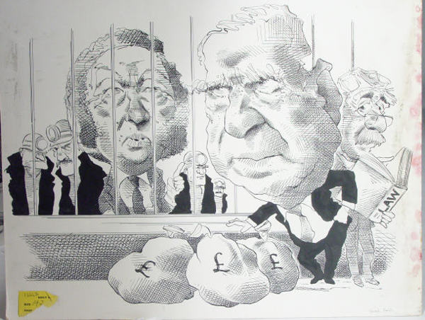 Original ink political caricature depicting Arthur: Original ink political caricature depicting Arthur Scargill and Ian McGregor, Chairman of British Steel and one other, by David Smith, Daily Mail cartoonist, largest 42cm x 53cm