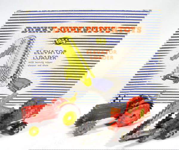 Boxed Dinky Supertoys elevator loader, numbered 96: Boxed Dinky Supertoys elevator loader, numbered 964, together with a Dinky Toys Massey Harris tractor, and a later Matchbox die cast excavator, largest 17cm high