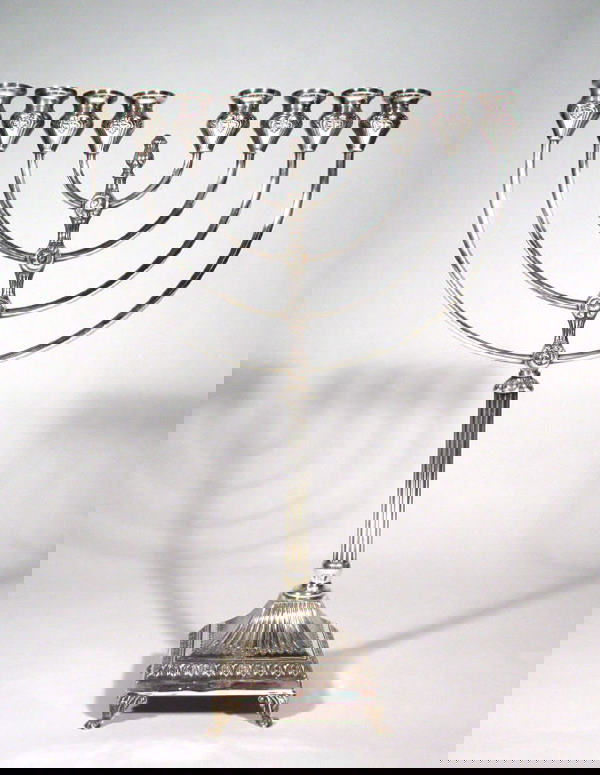 Sterling silver eight branch Menora candelabra on: Sterling silver eight branch Menora candelabra on reeded stem, 40cm high