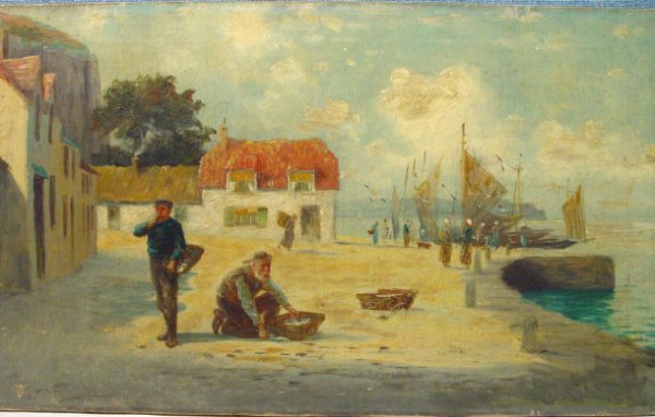 Two unsigned oil onto canvases of men at a fishin