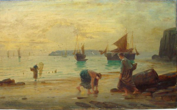 Two unsigned oil onto canvases of men at a fishin - 2