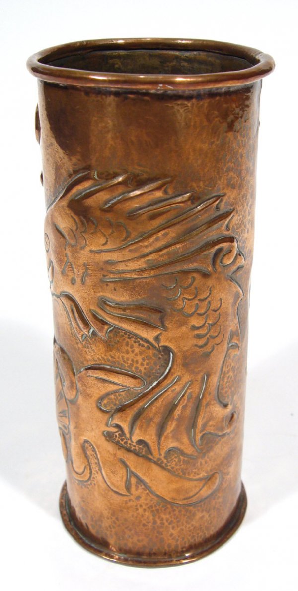 367 Newlyn cylindrical Arts and Crafts copper vase, em