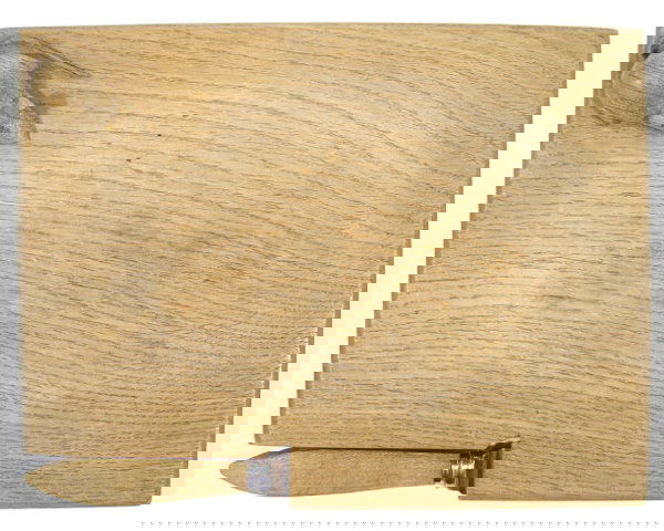 Robert Thompson Mouseman cheese board and knife, c: Robert Thompson Mouseman cheese board and knife, carved with a mouse to the corner, 23cm in length