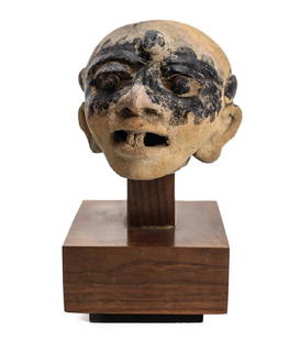 Pre-Columbian VERACRUZ Head Fragment, 500AD: Pre-Columbian Pottery VERACRUZ Head Fragment, Remojadas culture, Bald man with cutaneous horn on his forehead. Filed teeth, open mouth, bubous eyes. Painted black mask. Vent hole on back of head. Moun