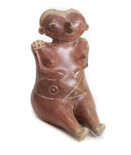 Pre-Columbian NAYARIT Pottery Female Figure Chinesco: Pre-Columbian NAYARIT Mexico Pottery Large Female Seated Figure, Chinesco Style, Nose, shoulder ornaments, hands on belly. White slip on redware. Vent hole on head. Concave base. 9.125" x 5.25" x 8".