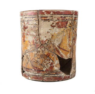 Large Pre Columbian MAYAN Polychrome Cupador: Large Pre Columbian MAYAN Polychrome Cupador, figural imagery. 6.75" height x 6" diameter. 1.5lbs