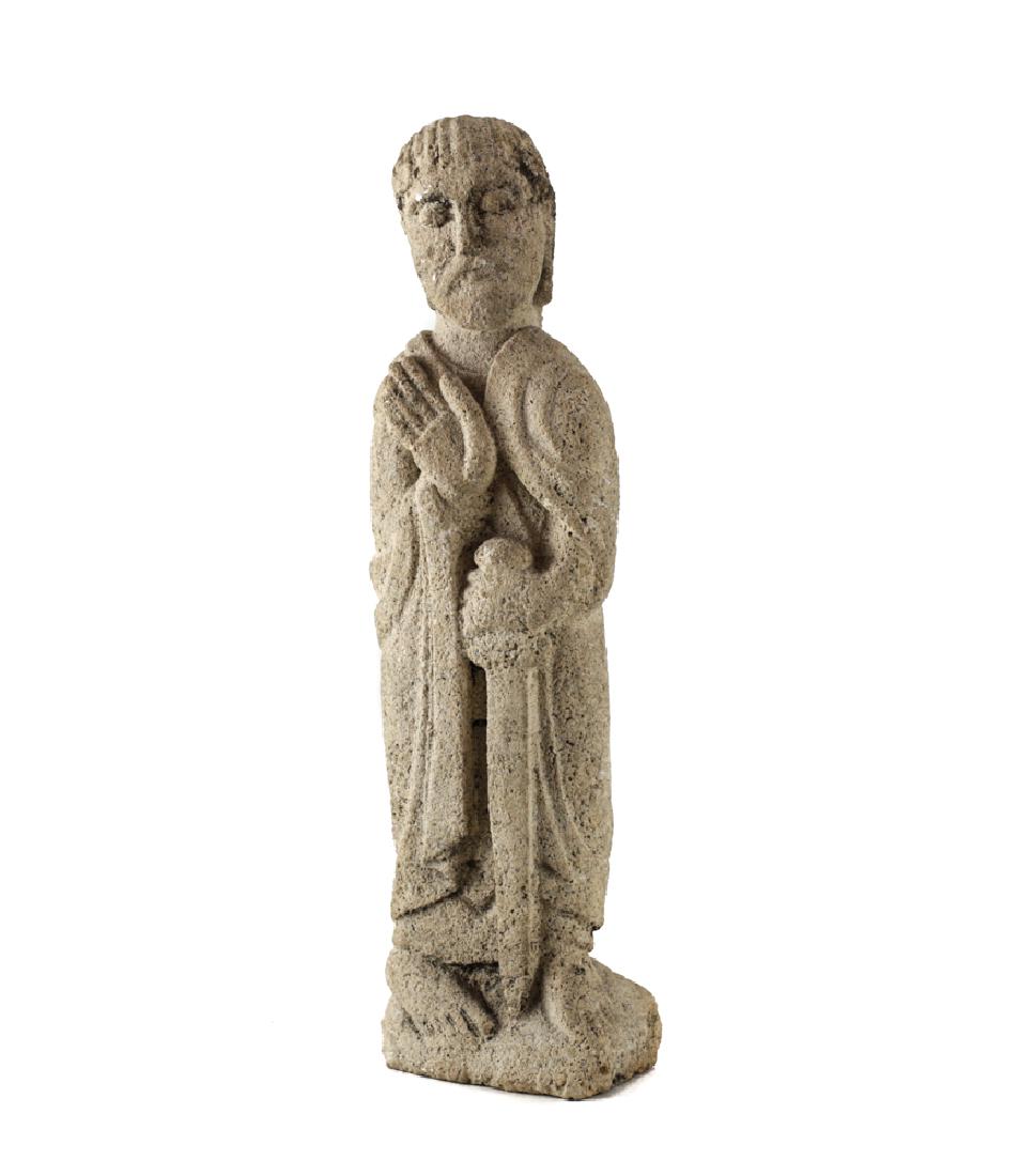 Medieval Stone Figure, 11th - 12th century? Possibly of: Medieval Stone Figure, 11th - 12th century? Possibly of the apostle Peter, with sword. Flat on the back, possibly an architectural piece. 10.5" height 2.25lbs
