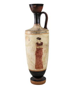 Greek White Ground Lekythos Funerary Bottle: Greek White Ground Lekythos Funerary Bottle, c 400-500BC with finely detailed nude male figure, and female figure, white ground. 12.25" height x 3.5". 1.75lb