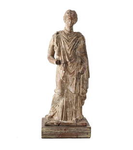 Hellenistic Greek Terracotta Standing Female Figure: Hellenistic Greek Terracotta Standing Female Figure, hollow. Mounted on contemporary wood plinth. 8.25" height without base 1lb