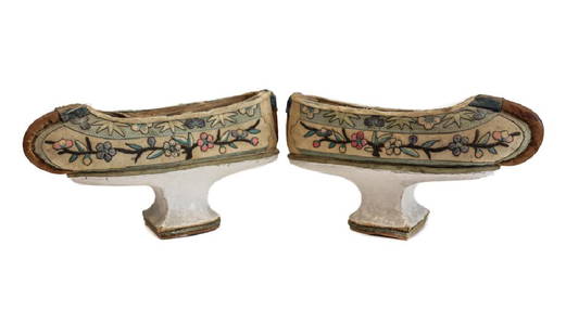 Manchu horse-hoof qipao shoes: Manchu horse-hoof qipao shoes, hand embroidery on silk uppers, wooden 'hoof' detail shoes, leather sole. 6” x 3” x 1.75”. From the collection of Morton and Mary Field, Beverly Hills, CA. T