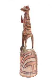 Australian Aboriginal Wood Polychrome Meercat Carving,: Australian Aboriginal Wood Polychrome Meercat Carving, on tall hollow base, drum? 6.5lbs. 34” x 9.25”.