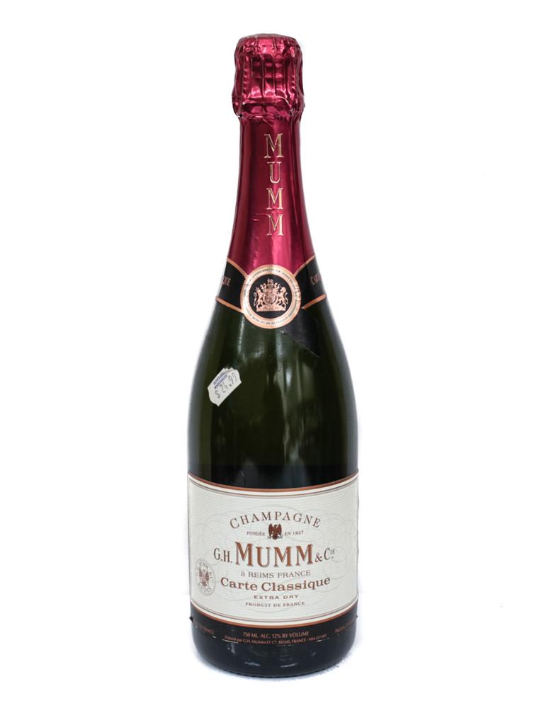 3 Bottles G. H. Mumm Carte Classique Brut, Champagne: 3 Bottles G. H. Mumm Carte Classique Brut, Champagne, France. Unopened and has the original labels. Contains 95% to all of the origina fluid. 750 ml. From a Southern California estate.