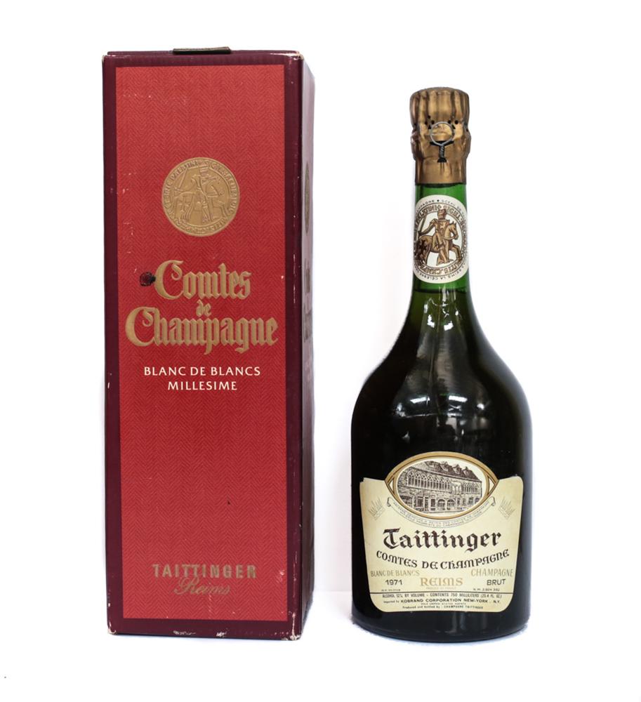 1971 Taittinger Comtes de Champagne: 1971 Taittinger Comtes de Champagne Blanc de Blancs Bruit, Champagne, France. Unopened and has the original labels. Comes in the original box as well. Contains 95% to all the of the wine. 750 ml. From