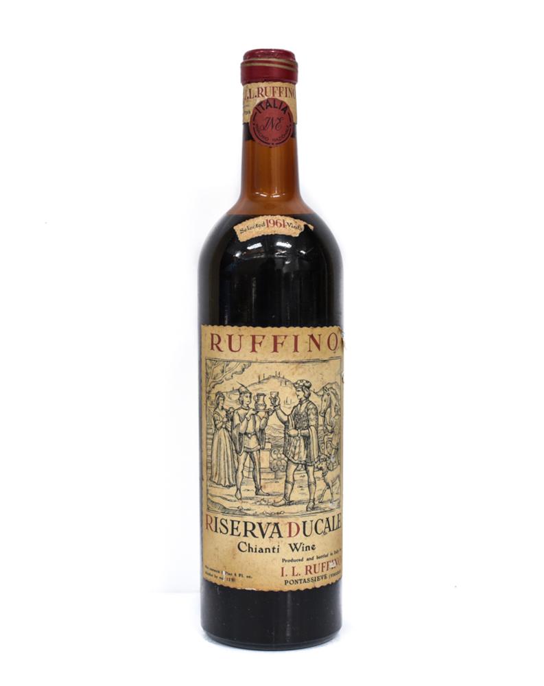 1961 Ruffino Riserva Ducale Chianti Wine: 1961 Ruffino Riserva Ducale Chianti Wine, Italy, 1pt 8fl oz. Full, slight damage to lead seal. From a Southern California estate.