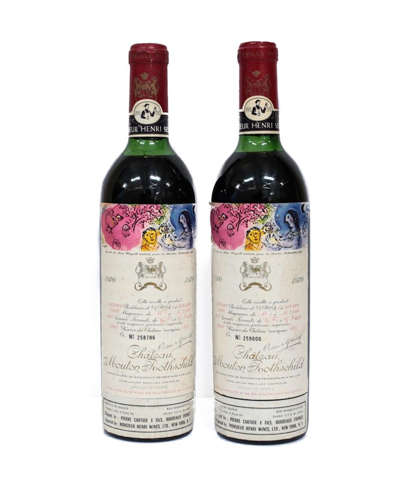 1970 Chateau Mouton Rothschild 1er Grand Cru Classe: 1970 Chateau Mouton Rothschild 1er Grand Cru Classe. Has the original labels (art by Marc Chagall) and sealed. 750ml and has 95% left in its bottle. France. From a Southern California estate.