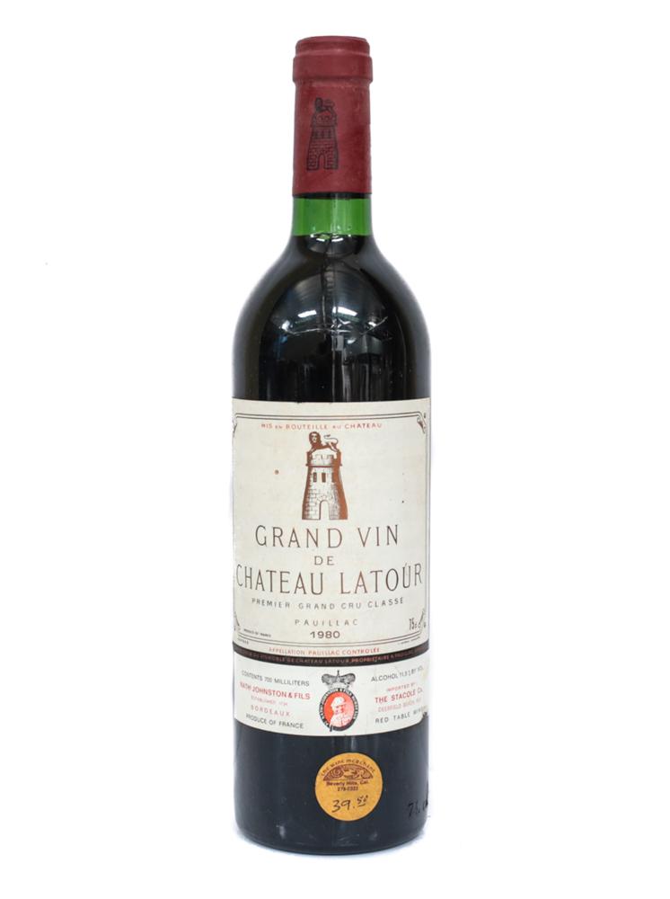 1980 Grand Vin de Chateau LaTour: 1980 Grand Vin de Chateau LaTour. 750 ml. Unopened with 90-95% full and contains the original labels. Pauillac, France. From a Southern California estate.