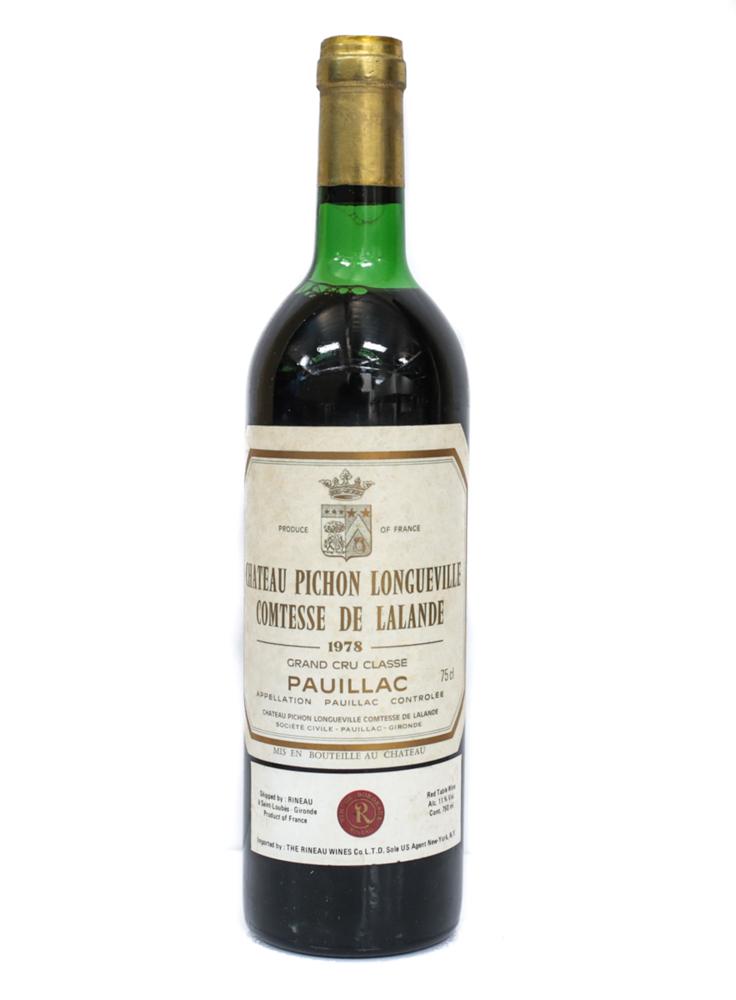 1978 Cheateau Pichon Longueville Comtesse de Lalande: 1978 Cheateau Pichon Longueville Comtesse de Lalande, Pauillac, France. Has the original label and contains 90-95% of the original wine. 750ml. From a Southern California estate.