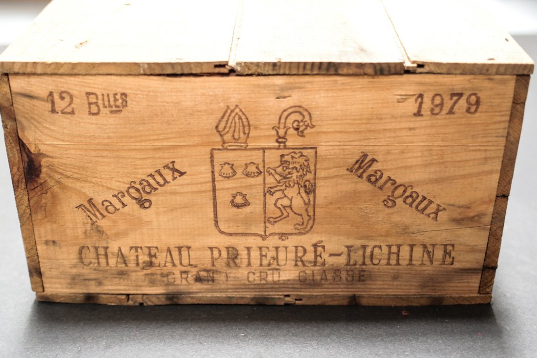 12 bottle crate, 1979 Chateau Prieure Lichine Margaux: Unopened crate, 1979 Chateau Prieure Lichine Margaux, Grand Cru Classe, 12 bottles, Bordeaux Red Wine, France. From a Southern California estate.