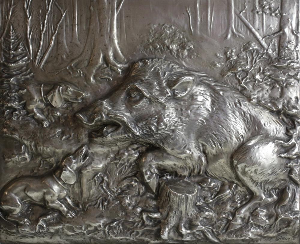 Fritz Diller Silverplate Repousse Boar and dogs silver: Item Description: Fritz Diller Silverplate Repousse Boar and dogs silver wall plaque, wood framed. Signed F. Diller lower right. Two hunting dogs face a wild boar, forested landscape. 5lbs total weigh