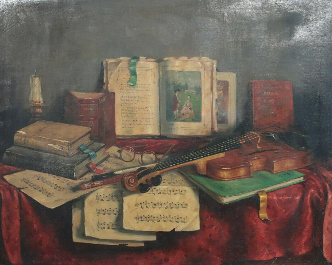 Arisztid Szendy (Hungarian 1903 - 1972) Oil painting,: Arisztid Szendy (Hungarian 1903 - 1972) Oil painting on canvas, Still life with violin, signed "Szendy" lower right. In wood frame. 9lbs Approx. Measurements: painting 30 x 24 inches; frame 37 x 31 in