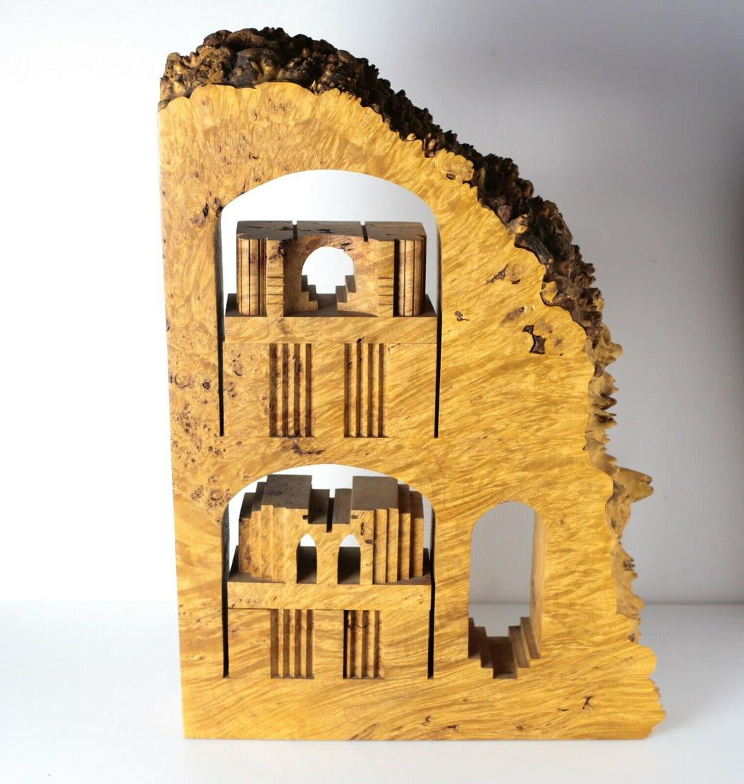 Michael Elkan Maple Leaf Studio Sculptural Box CAVERNS: Michael Elkan Maple Leaf Studio Live-Edge Sculptural Box, CAVERNS & TUNNELS. Made of Oregon maple burl. Two covered compartments. Makers mark on underside. With original paperwork slip. Approx. Measur