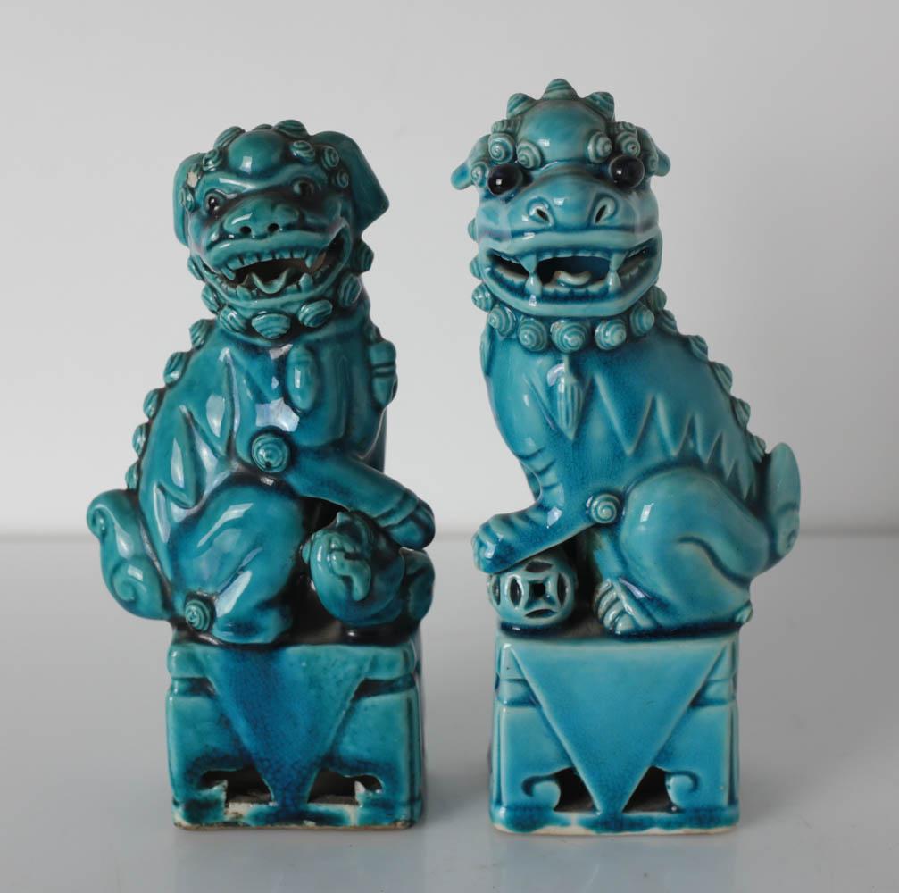 Pair of Chinese turquoise glazed Porcelain Foo Dogs (1 of 5)