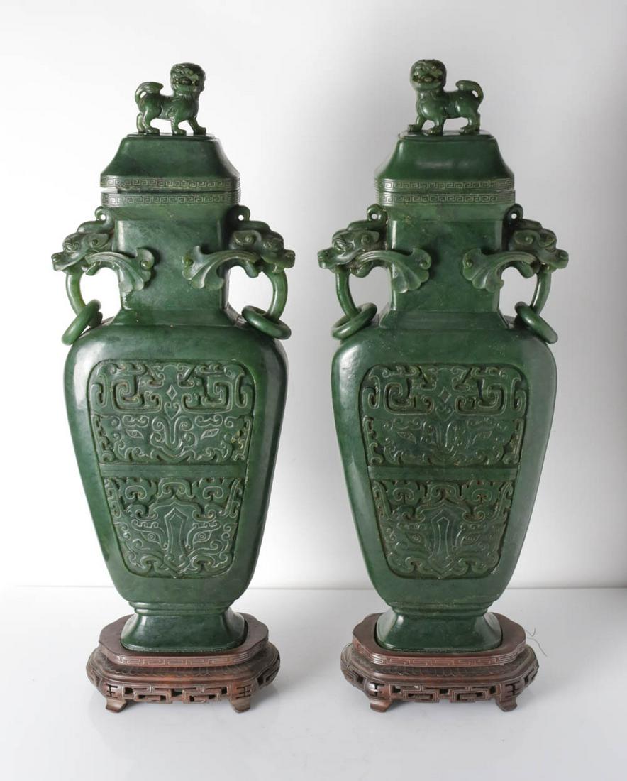 Pair of Monumental Chinese Jade Carved Vases on Wood (1 of 11)